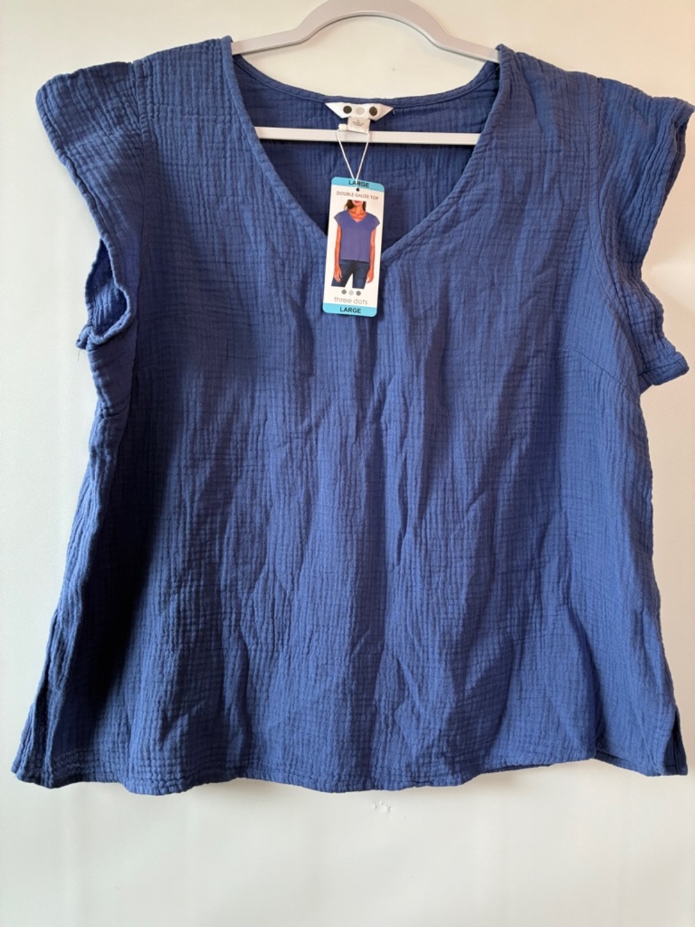 Three Dots Double Gauze Cap Sleeve V-Neck Tunic Blouse Top in Blue - Large